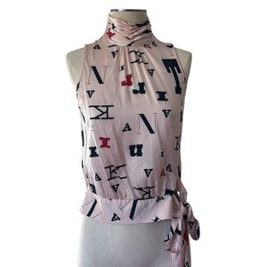 100% silk Trina Turk type font print mockneck blouse size small